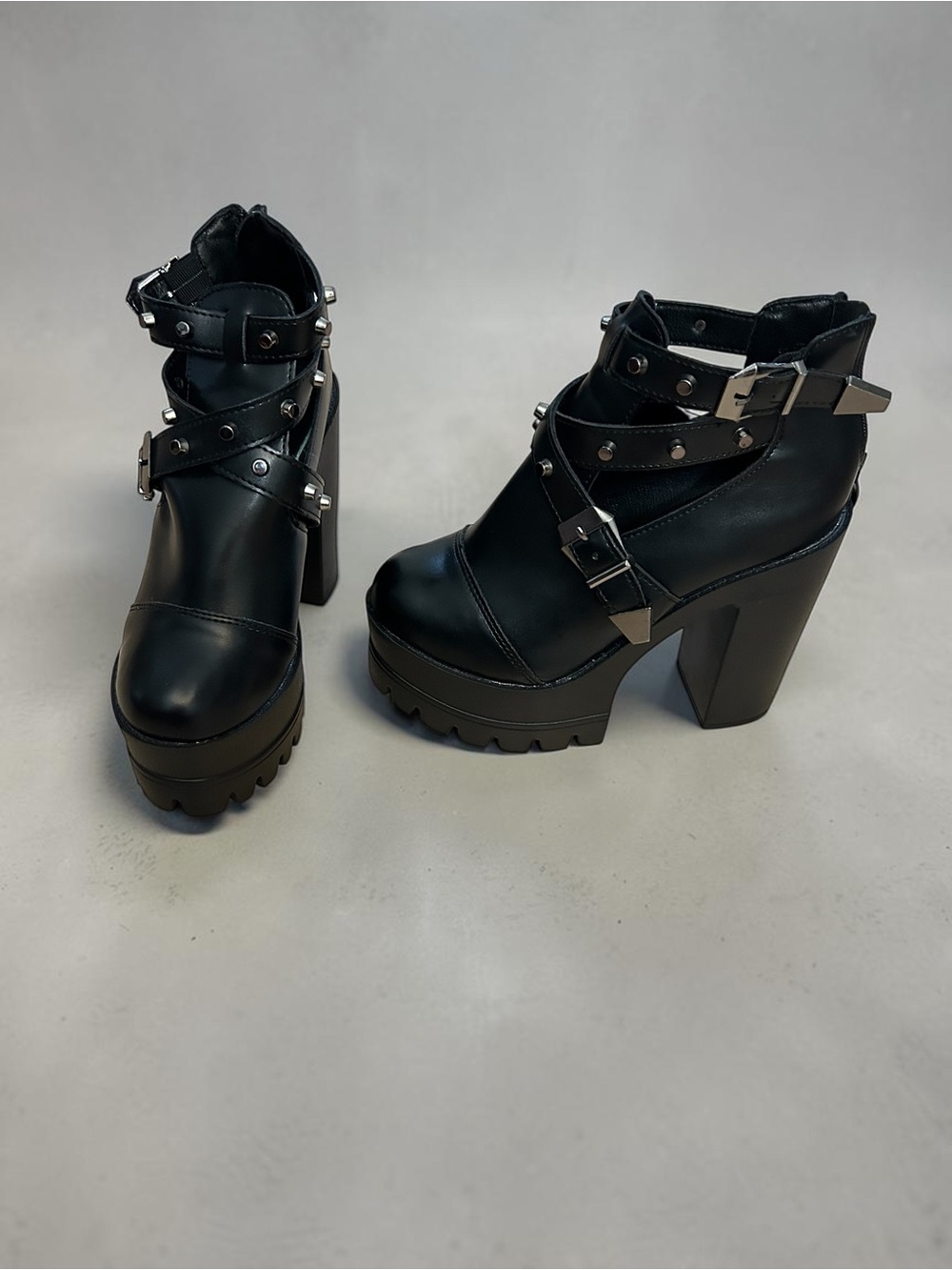 Studded Zip Back Buckle Ankle Booties Black Size 36 CN